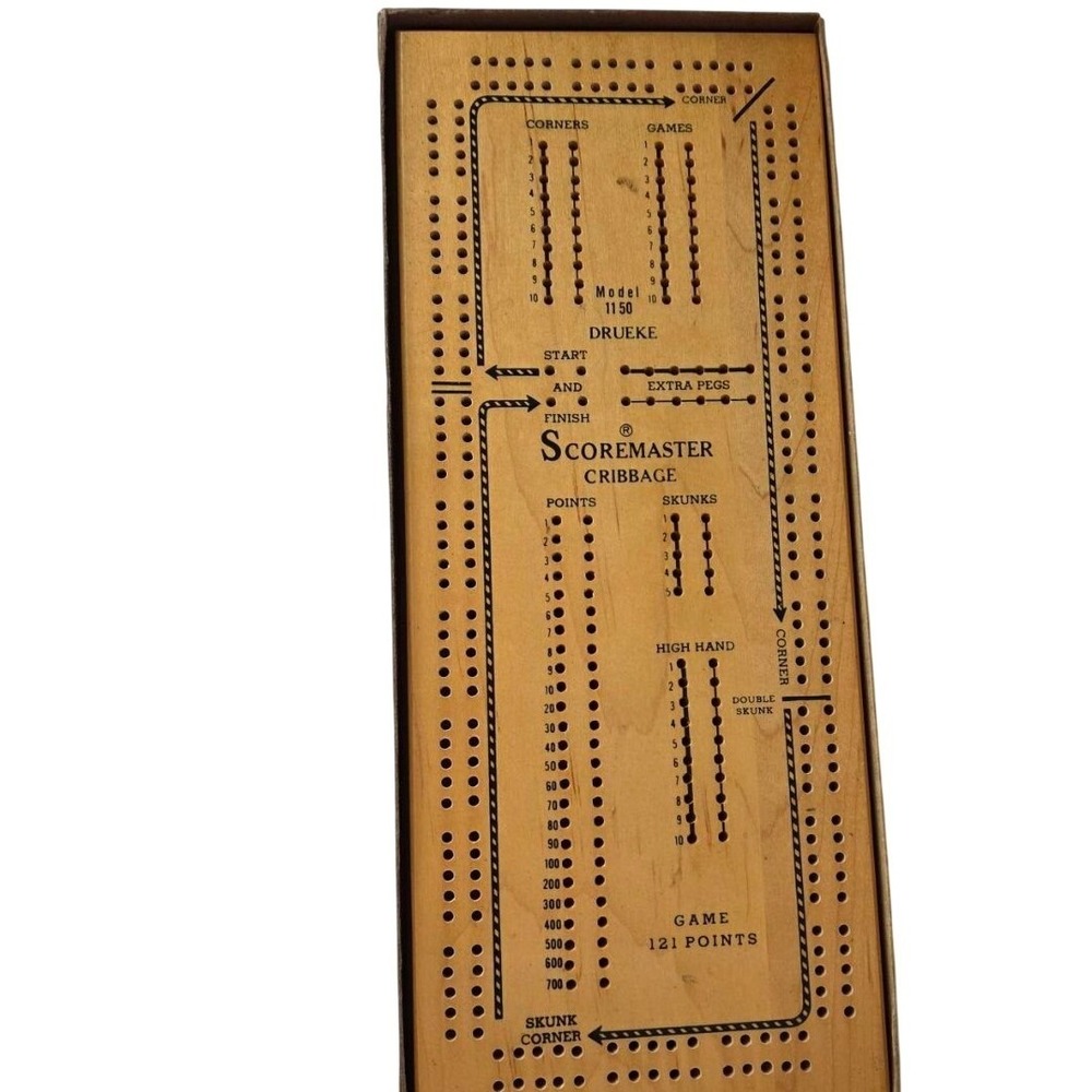 Vintage Drueke‎ Scoremaster Cribbage Board Model 1150 Wood Game with Box & Pegs